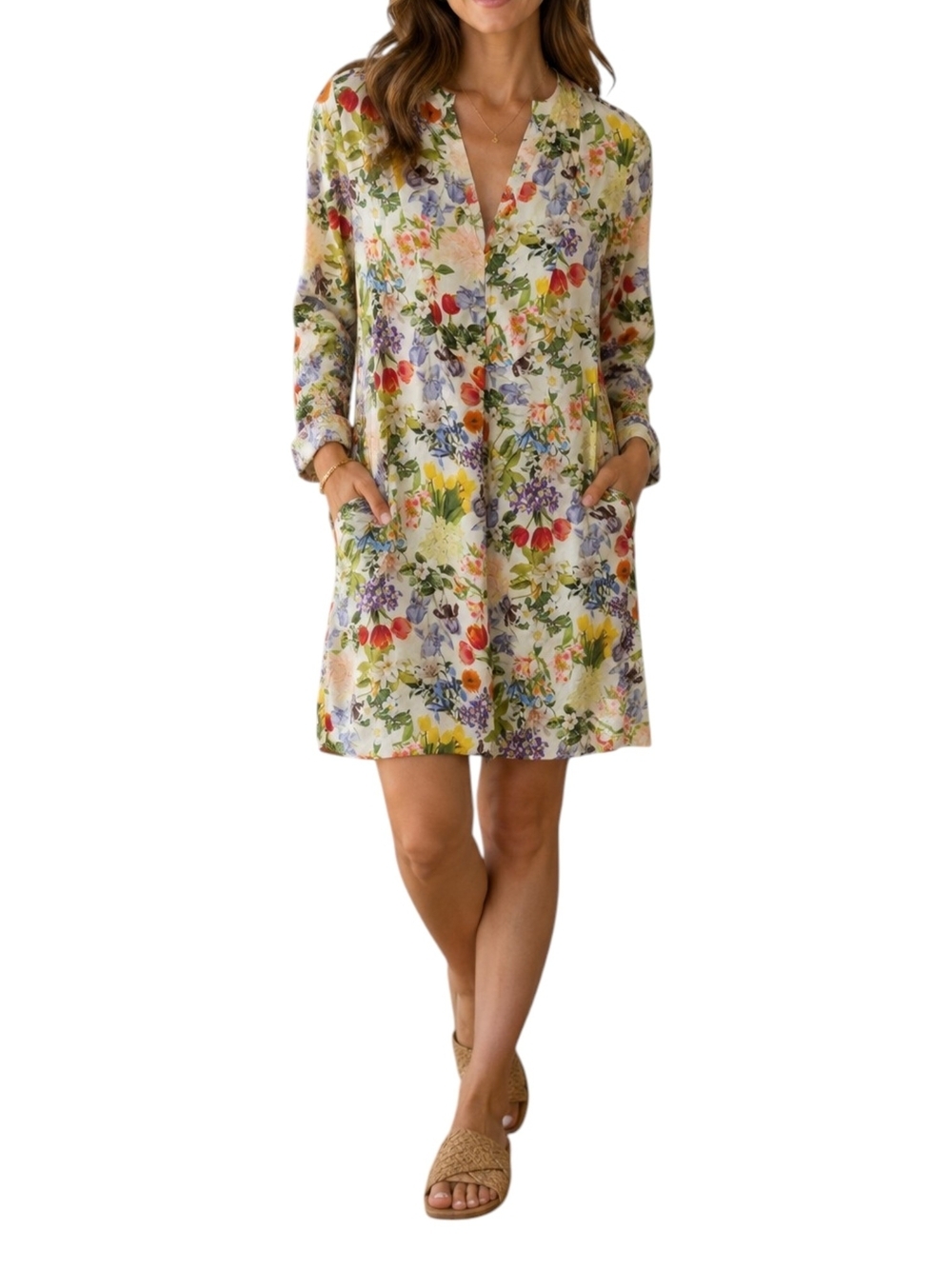 Zara Women Floral V-Neck Tunic Shirt Dress W/ Pockets